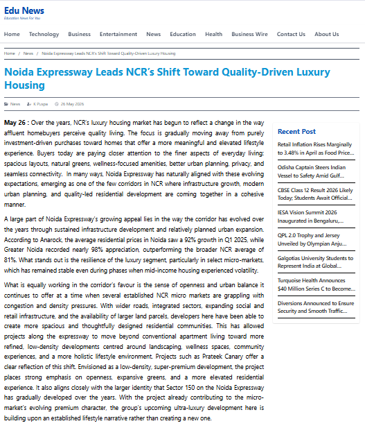 Noida Expressway Leads NCR’s Shift Toward Quality-Driven Luxury Housing
