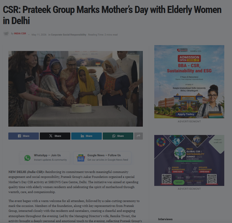 CSR: Prateek Group Marks Mother’s Day with Elderly Women in Delhi