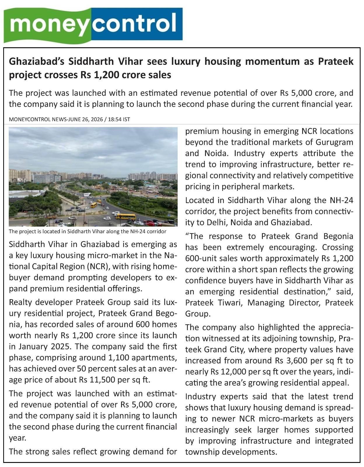 Ghaziabad’s Siddharth Vihar sees luxury housing momentum as Prateek project crosses Rs 1,200 crore sales