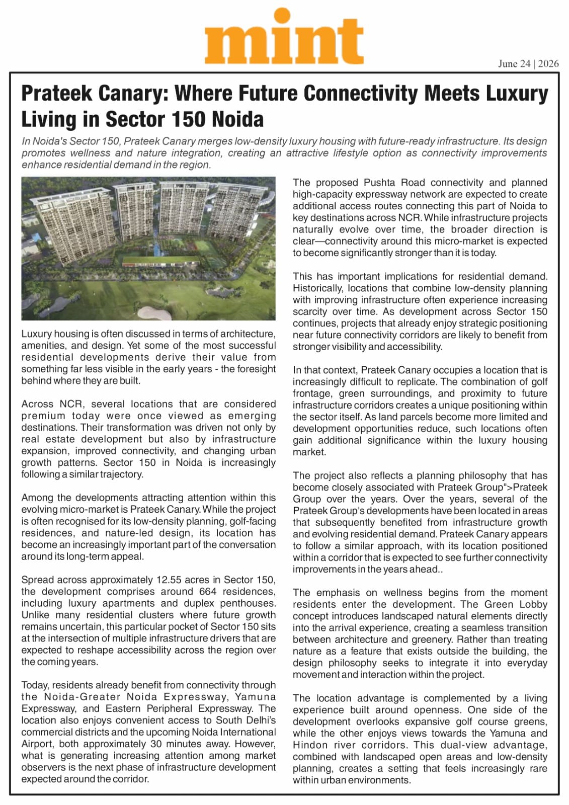 Prateek Canary: Where Future Connectivity Meets Luxury Living in Sector 150 Noida