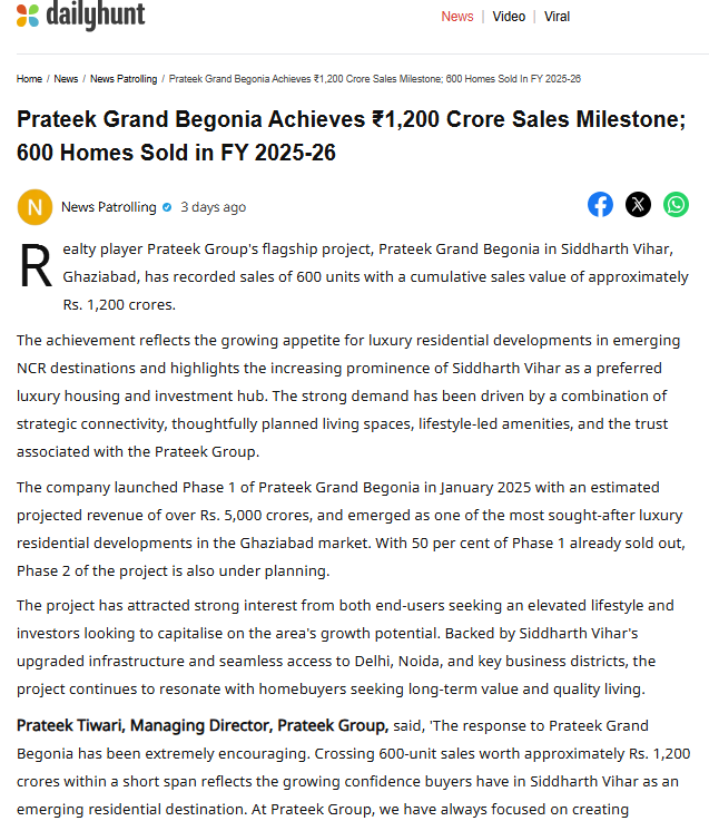 Prateek Grand Begonia Achieves ₹1,200 Crore Sales Milestone; 600 Homes Sold in FY 2025-26