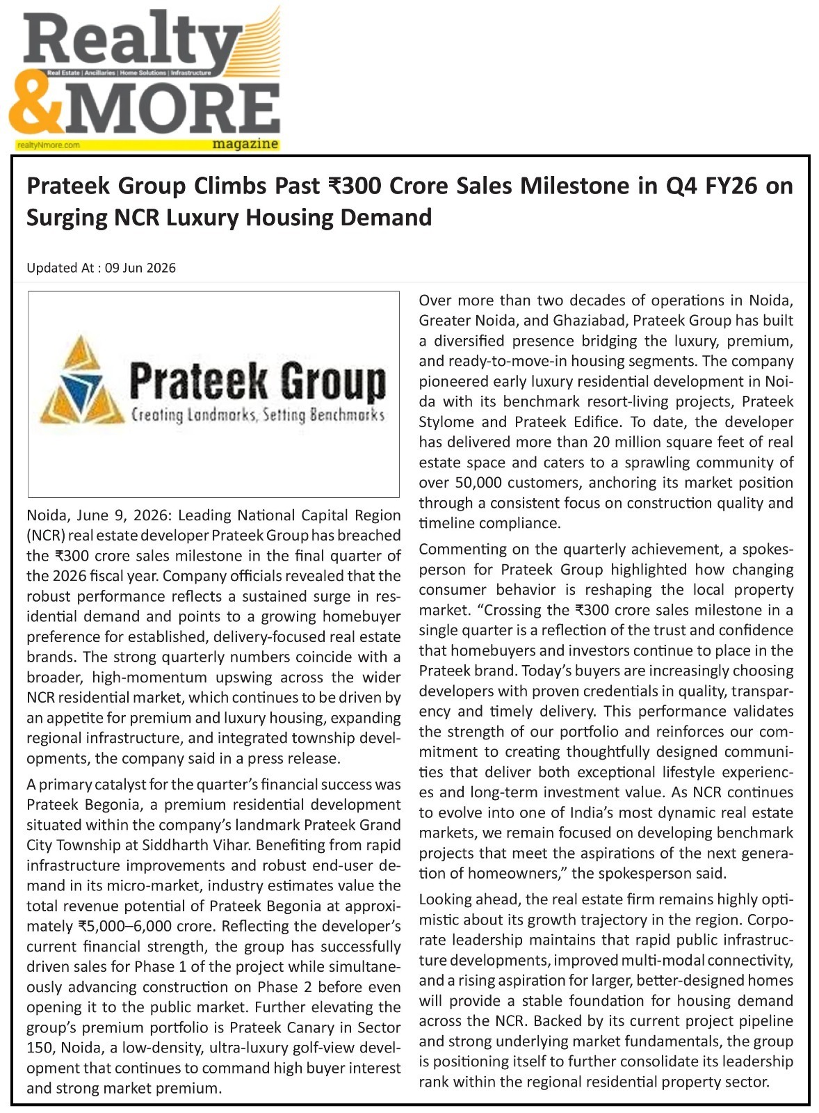 Prateek Group Climbs Past ₹300 Crore Sales Milestone in Q4 FY26 on Surging NCR Luxury Housing Demand