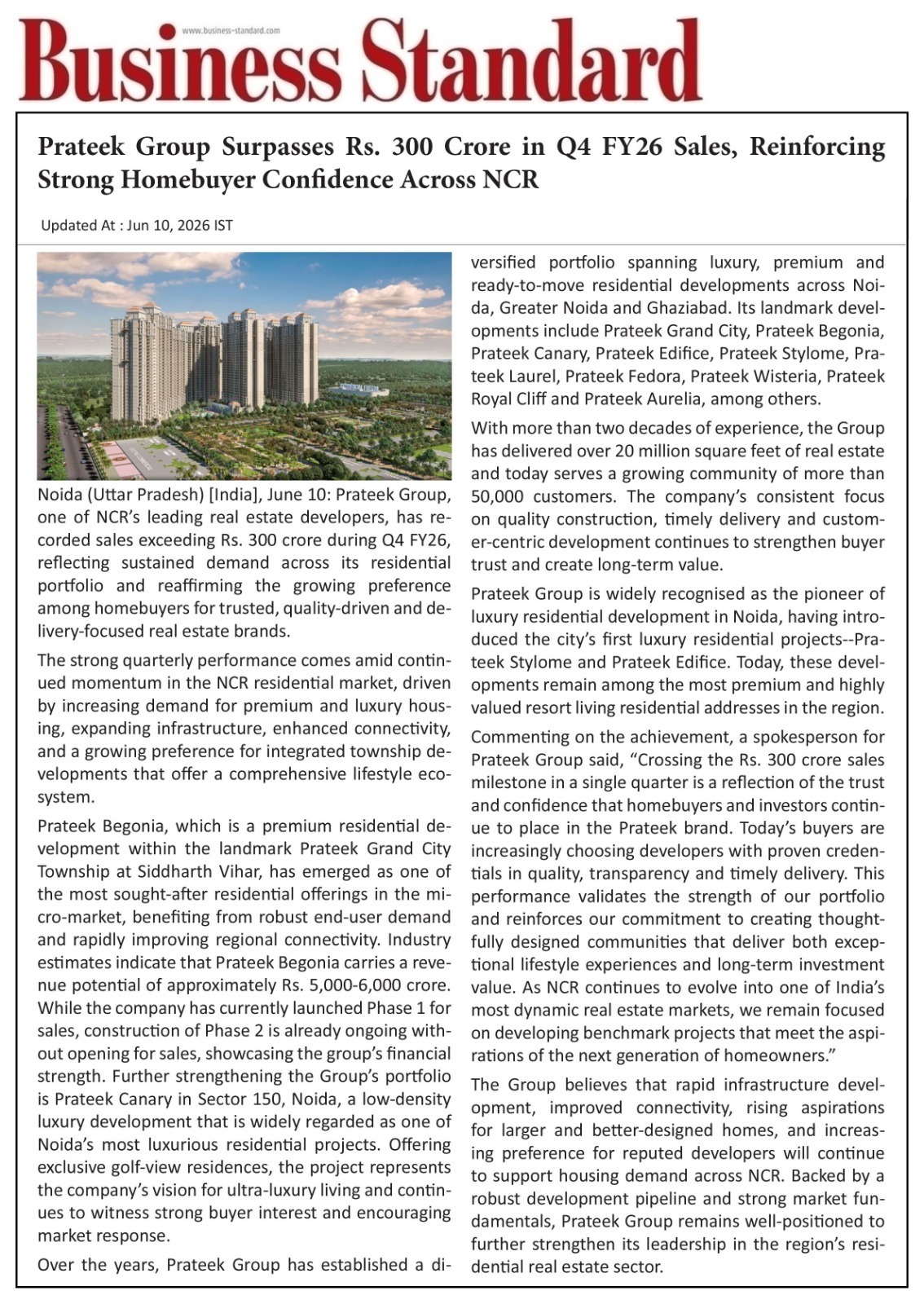 Prateek Group Surpasses Rs. 300 Crore in Q4 FY26 Sales, Reinforcing Strong Homebuyer Confidence Across NCR