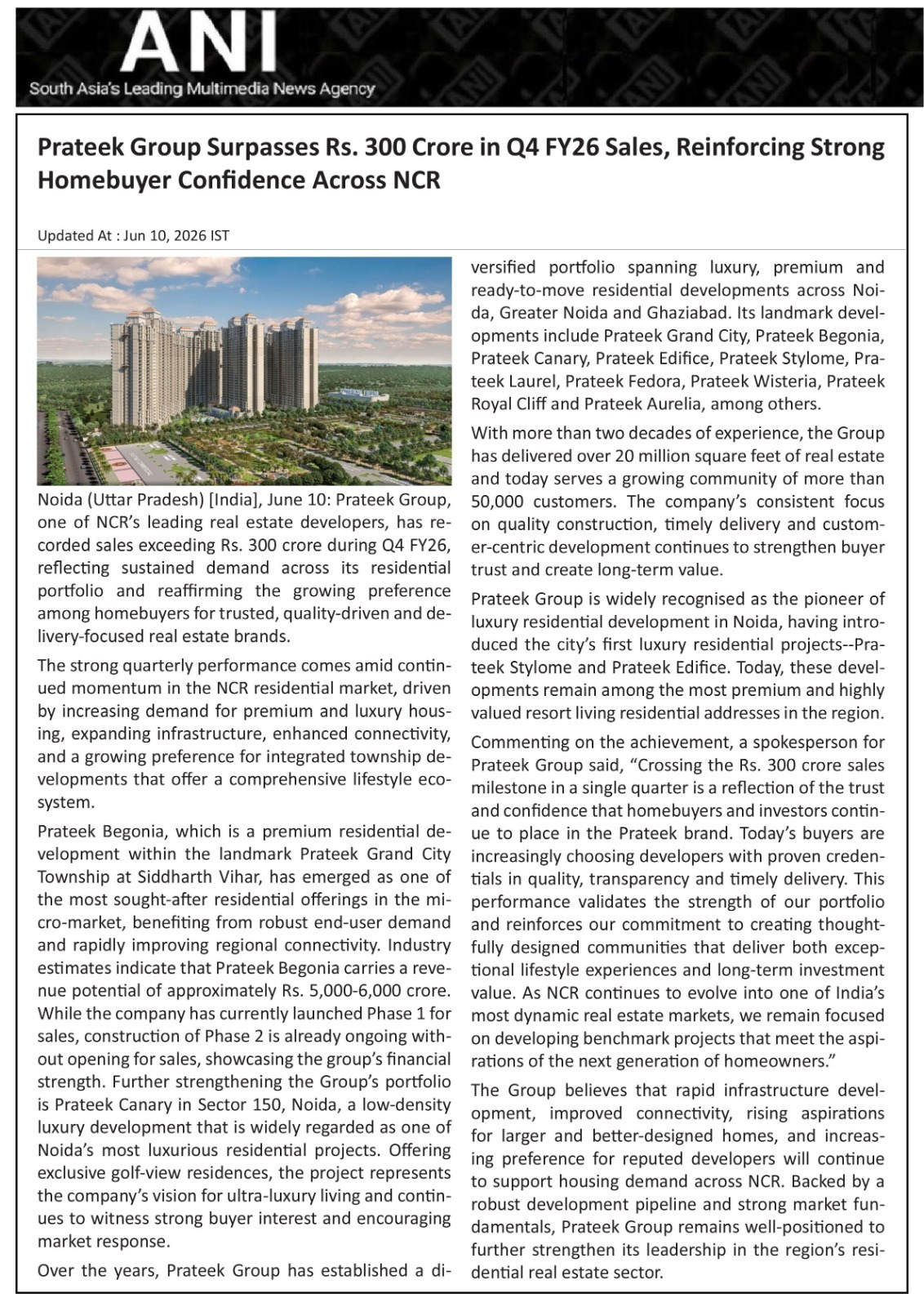 Prateek Group Surpasses Rs. 300 Crore in Q4 FY26 Sales, Reinforcing Strong Homebuyer Confidence Across NCR