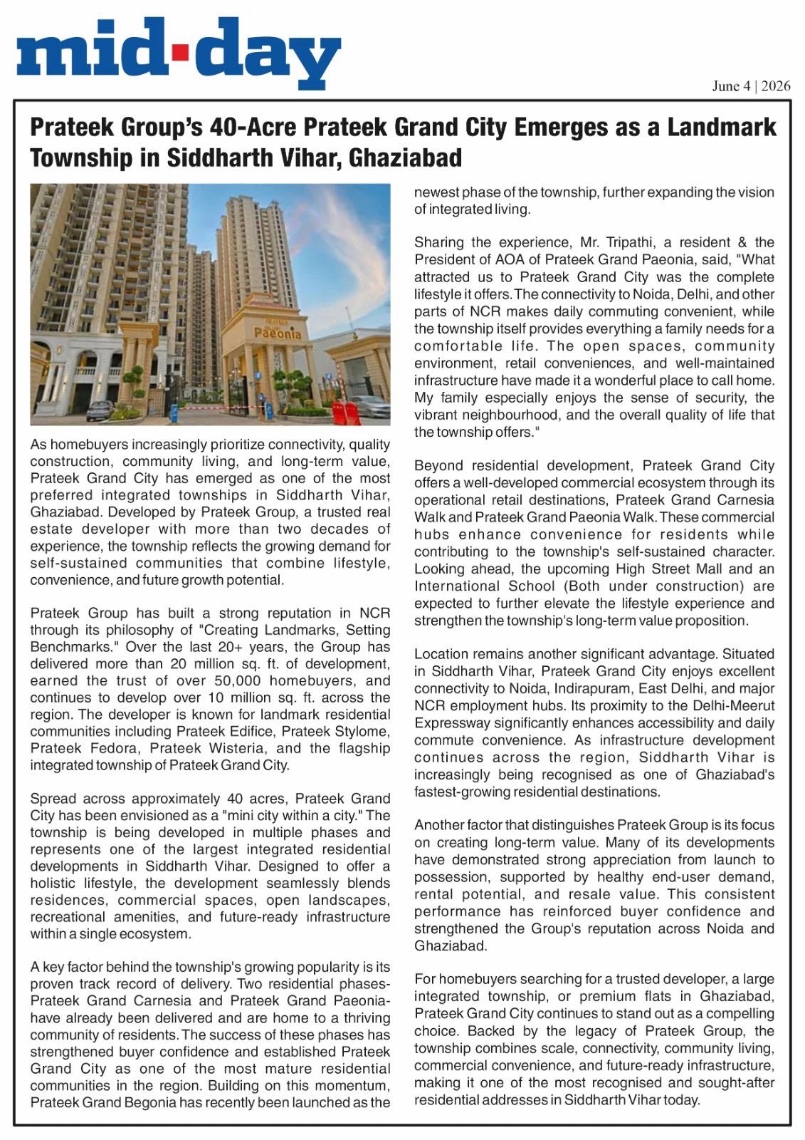 Prateek Group’s 40-Acre Prateek Grand City Emerges as a Landmark Township in Siddharth Vihar, Ghaziabad