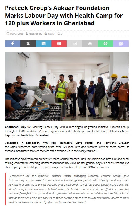 Prateek Group’s Aakaar Foundation Marks Labour Day with Health Camp for 120 plus Workers in Ghaziabad