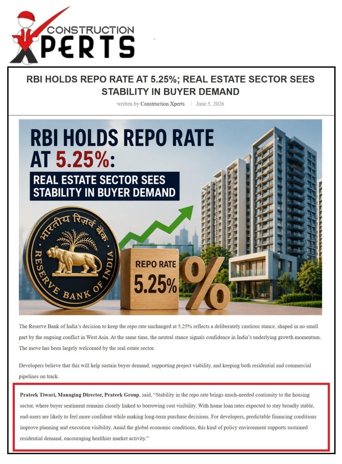 RBI Holds Repo Rate at 5.25%; Real Estate Sector Sees Stability in Buyer Demand