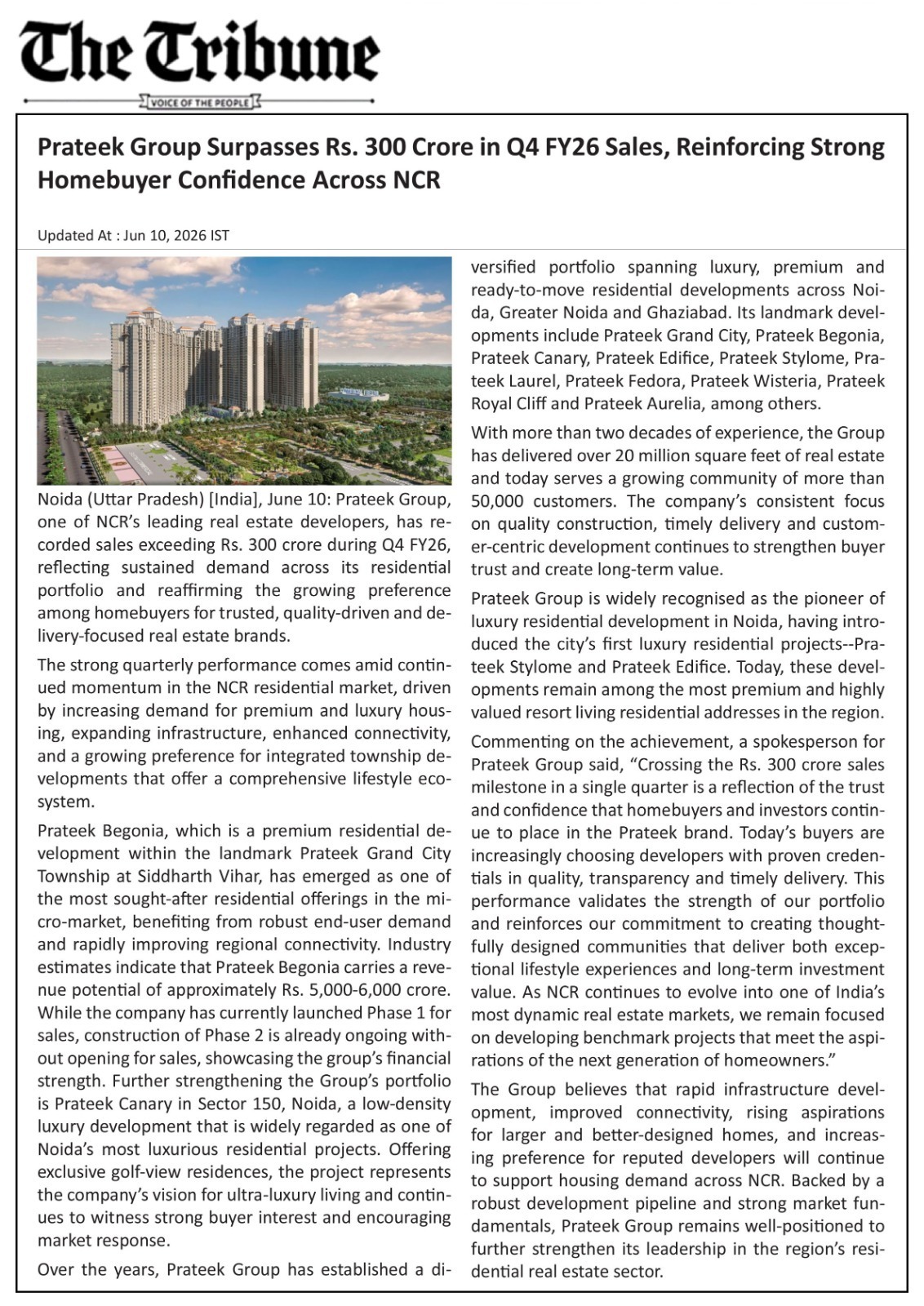 Prateek Group Surpasses Rs. 300 Crore in Q4 FY26 Sales, Reinforcing Strong Homebuyer Confidence Across NCR
