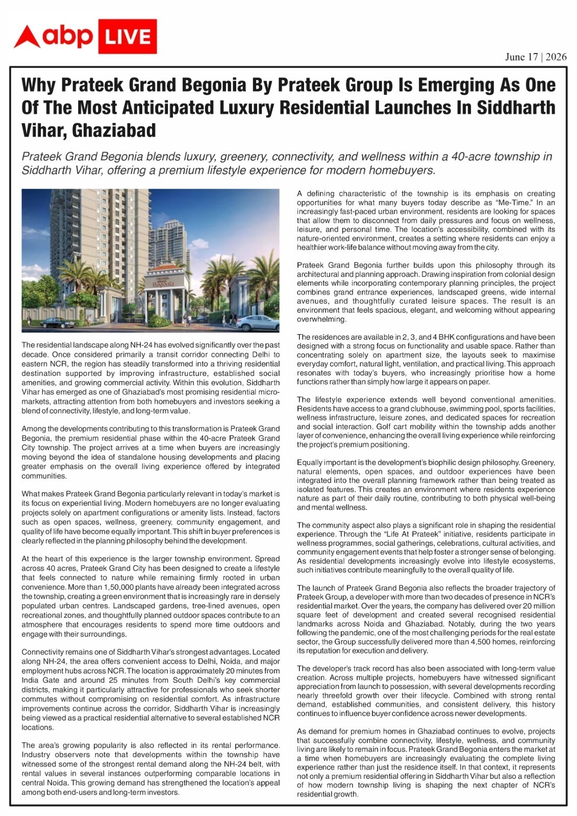 Why Prateek Grand Begonia By Prateek Group Is Emerging As One Of The Most Anticipated Luxury Residential Launches In Siddharth Vihar, Ghaziabad