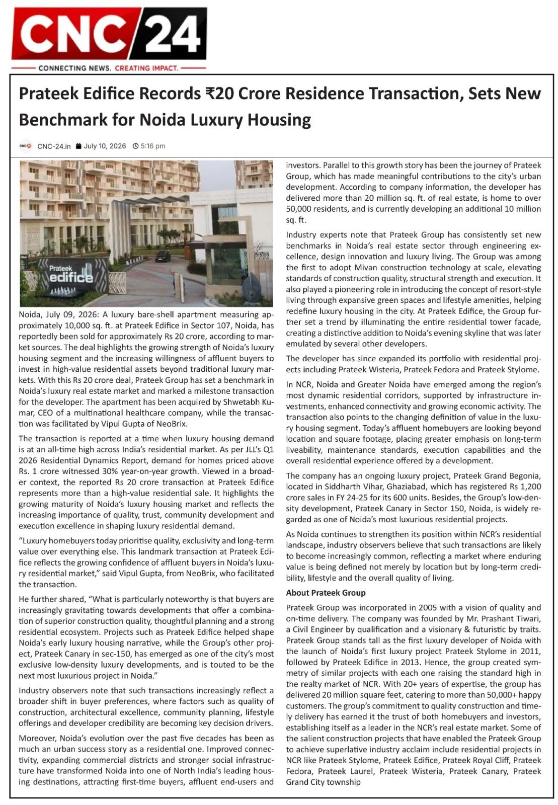 Prateek Edifice Records ₹20 Crore Residence Transaction, Sets New Benchmark for Noida Luxury Housing