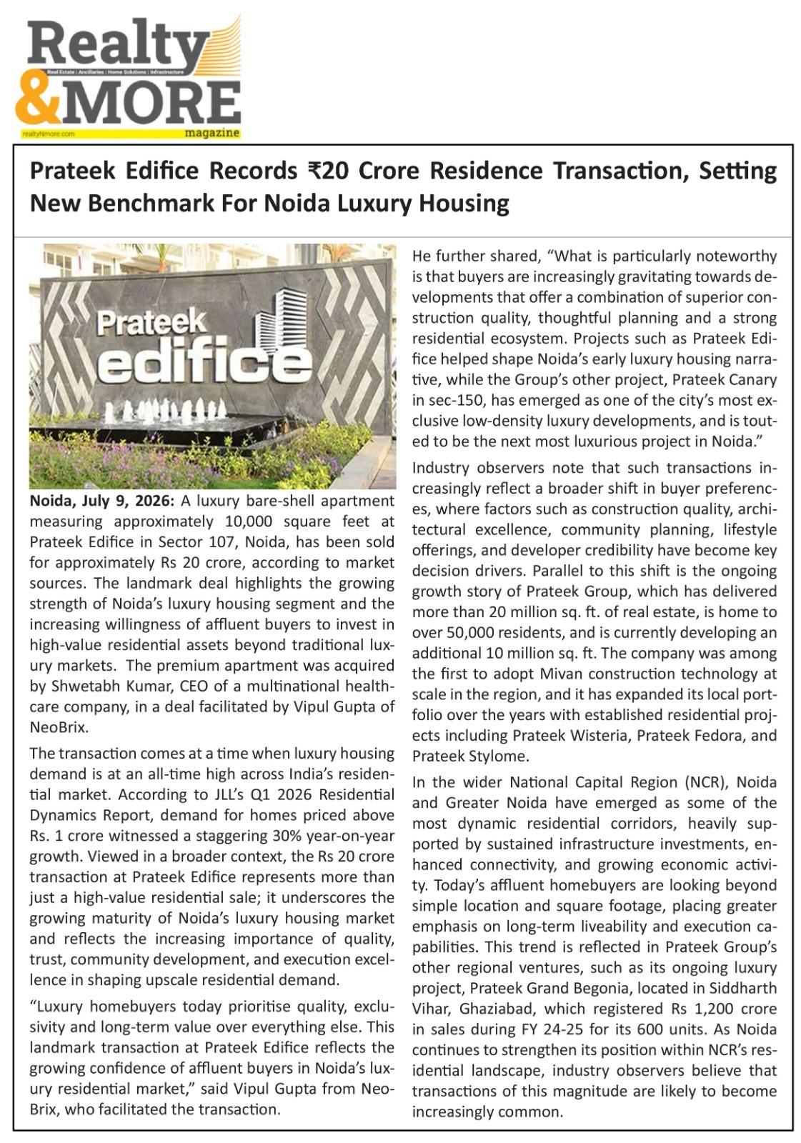 Prateek Edifice Records ₹20 Crore Residence Transaction, Setting New Benchmark For Noida Luxury Housing