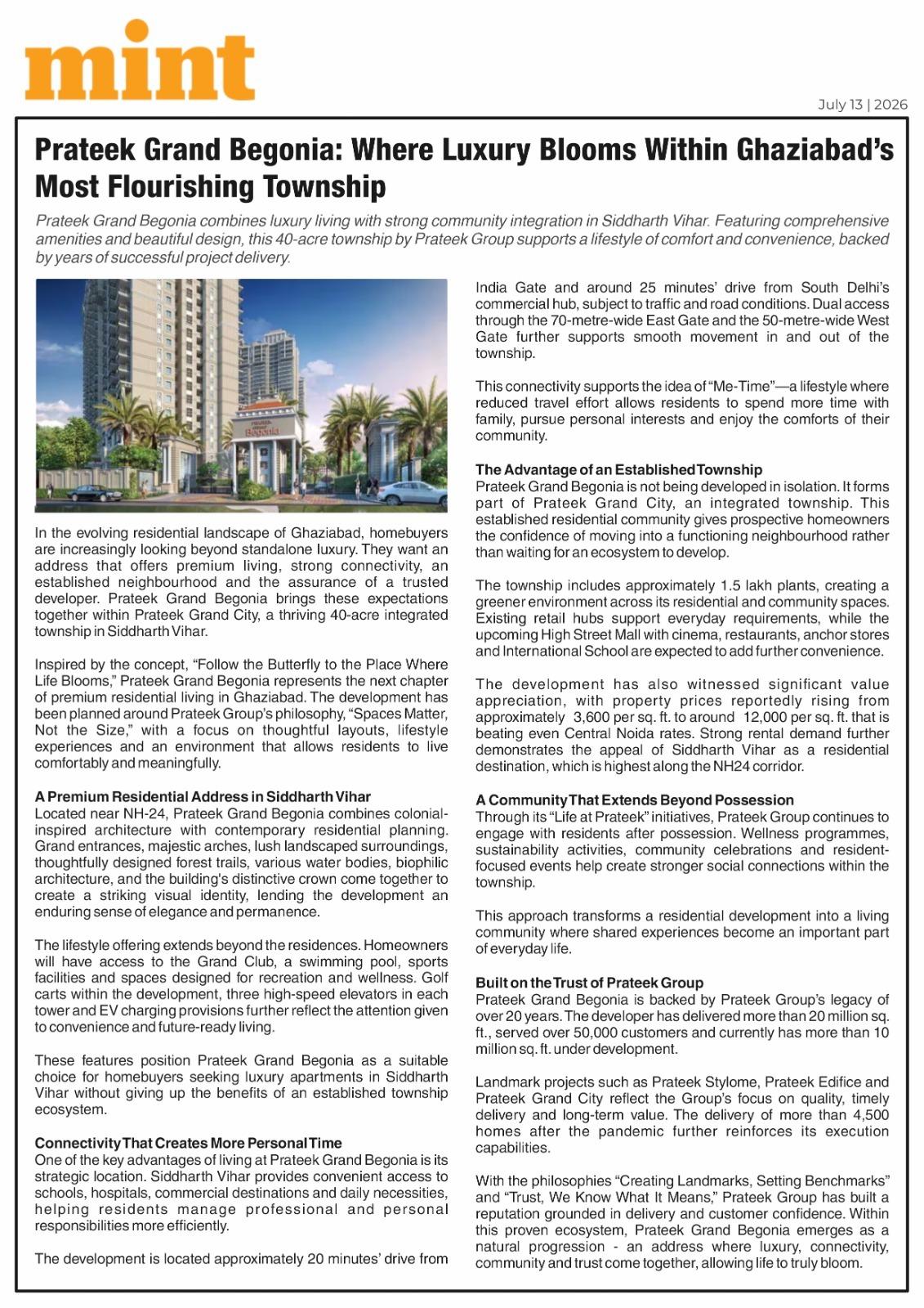 Prateek Grand Begonia: Where Luxury Blooms Within Ghaziabad’s Most Flourishing Township