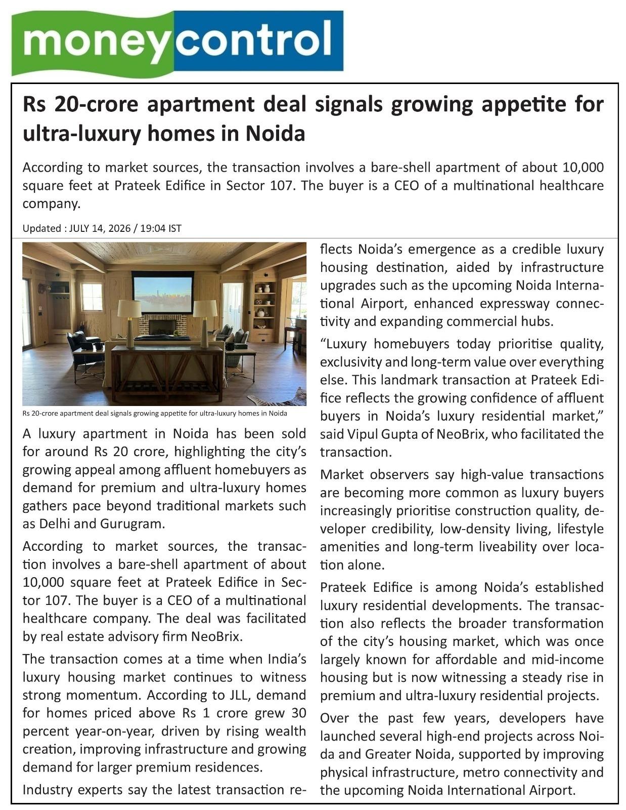 Rs 20-crore apartment deal signals growing appetite for ultra-luxury homes in Noida