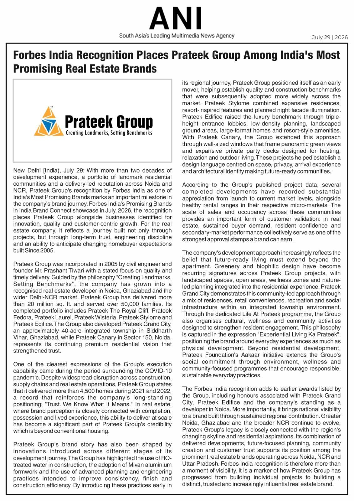 Forbes India Recognition Places Prateek Group Among India’s Most Promising Real Estate Brands