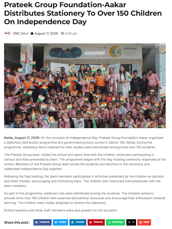 Prateek Group Foundation-Aakar Distributes Stationery to Over 150 Children on Independence Day