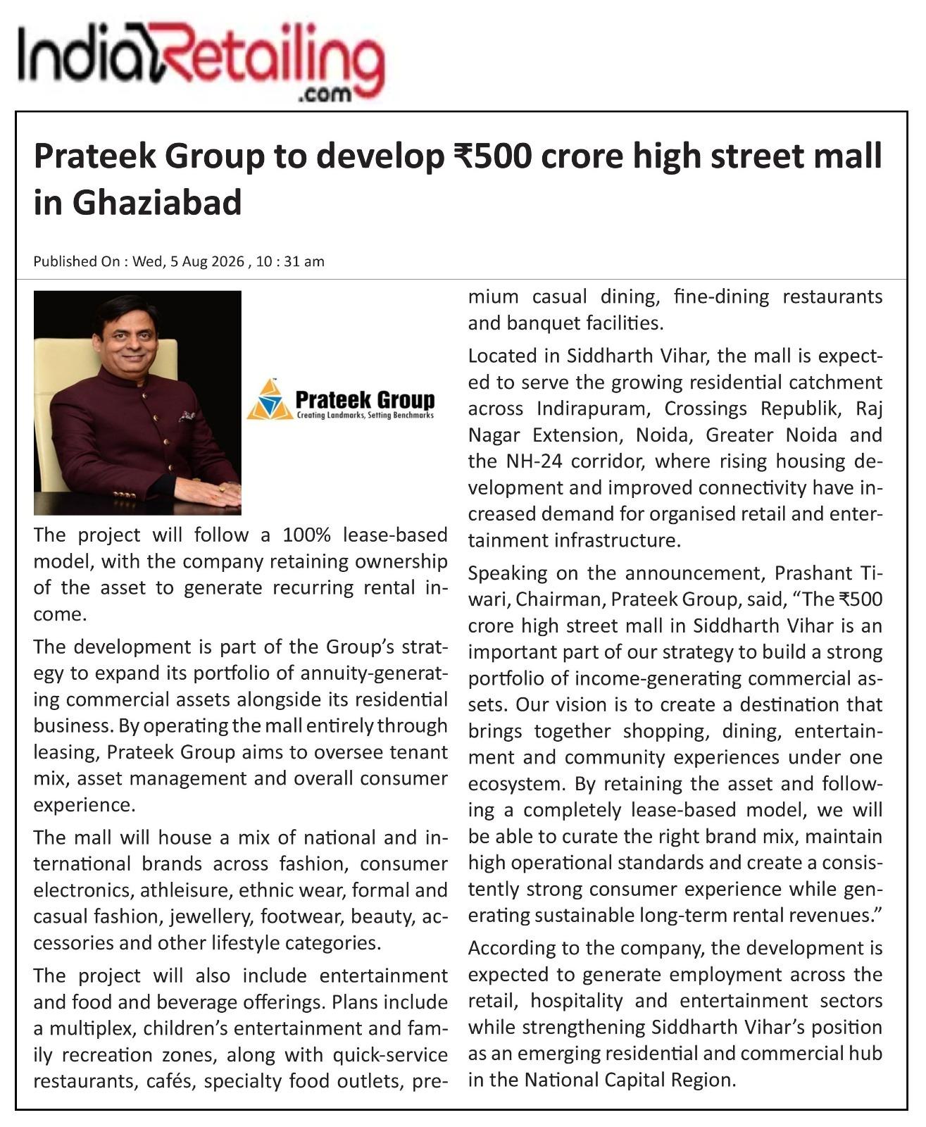 Prateek Group to develop 2 lakh sq. ft. high street mall worth ₹500 crore in Siddharth Vihar