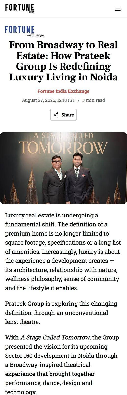 From Broadway to Real Estate: How Prateek Group Is Redefining Luxury Living in Noida