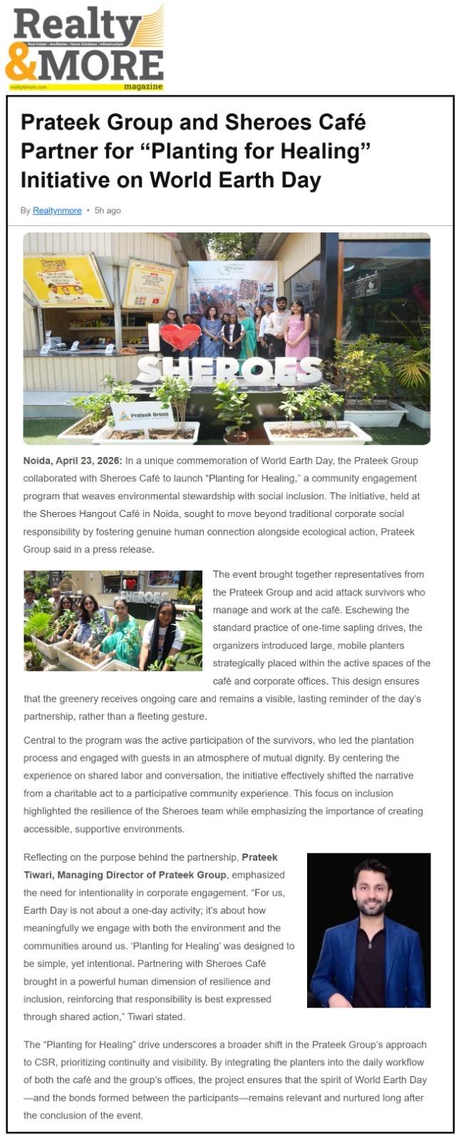 Prateek Group and Sheroes Café Partner for “Planting for Healing” Initiative on World Earth Day