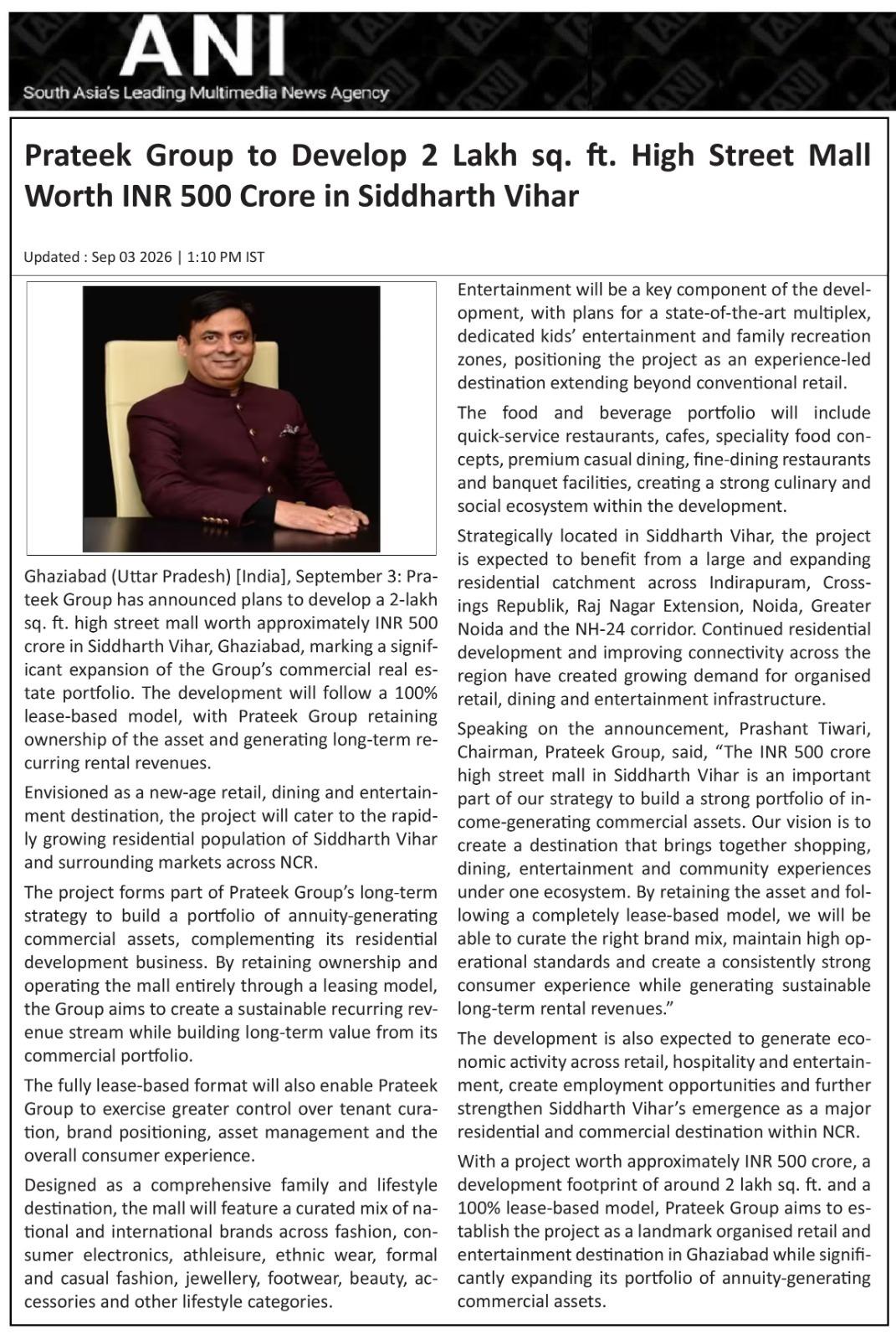 Prateek Group to Develop 2 Lakh sq. ft. High Street Mall Worth INR 500 Crore in Siddharth Vihar