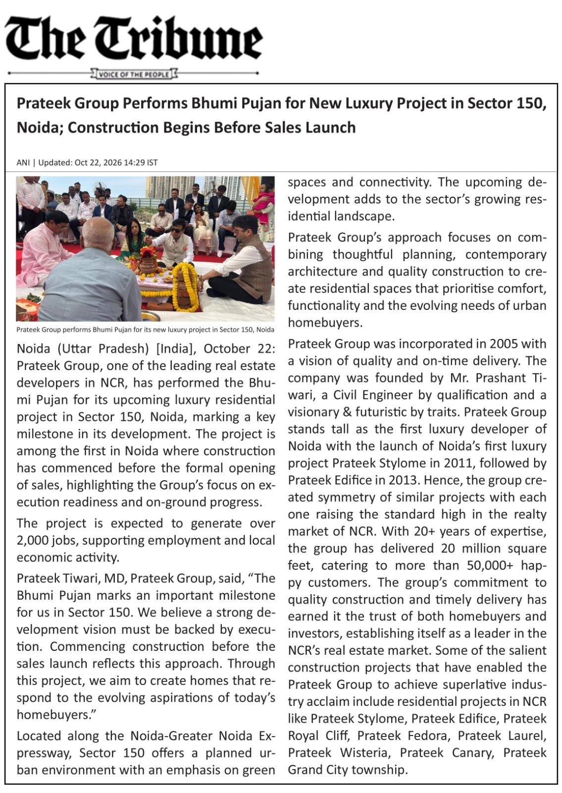 Prateek Group Performs Bhumi Pujan for New Luxury Project in Sector 150, Noida; Construction Begins Before Sales Launch