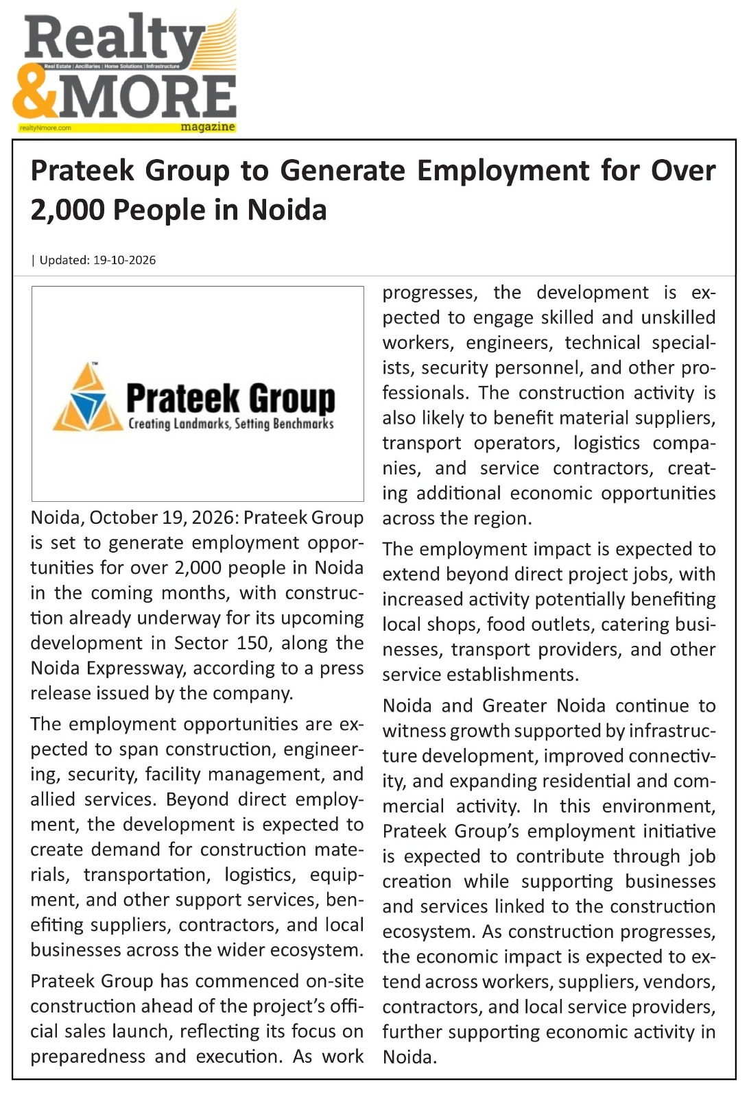 Prateek Group to Generate Employment for Over 2,000 People in Noida